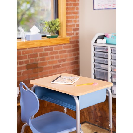 Structure Series Open Front School Desk w/ Sky Blue Book Box &amp; Silver Mist Frame - Maple Top