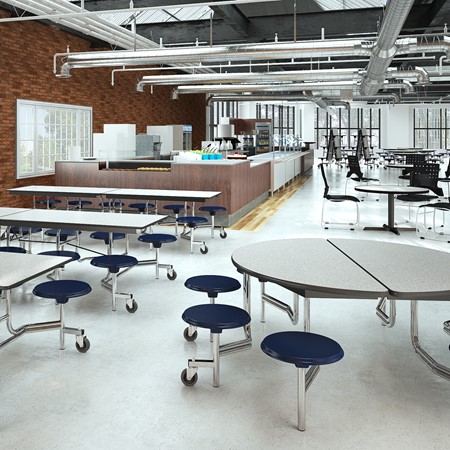 Round Mobile Stool Cafeteria Table w/ Plywood Core &amp; Powder-Coat Frame (60" Diameter)