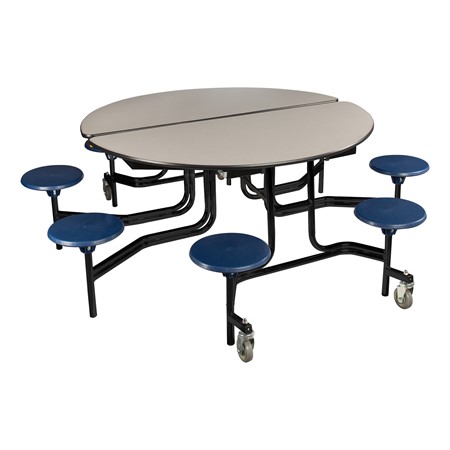 Round Mobile Stool Cafeteria Table w/ Plywood Core &amp; Powder-Coat Frame (60" Diameter) - Gray w/ Navy Stools