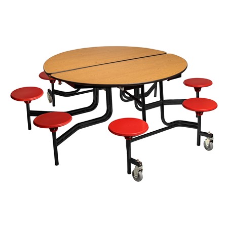 Round Mobile Stool Cafeteria Table w/ Plywood Core &amp; Powder-Coat Frame (60" Diameter) - Oak w/ Red Stools