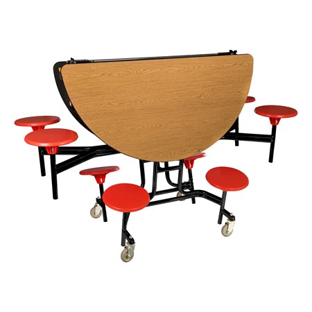 Round Mobile Stool Cafeteria Table w/ Plywood Core &amp; Powder-Coat Frame (60" Diameter) - Oak w/ Red Stools - Folded