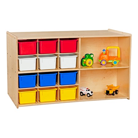 12-Tray Double Wooden Mobile Storage Unit - Unassembled &amp; w/ Colorful Trays - Front - Accessories not included
